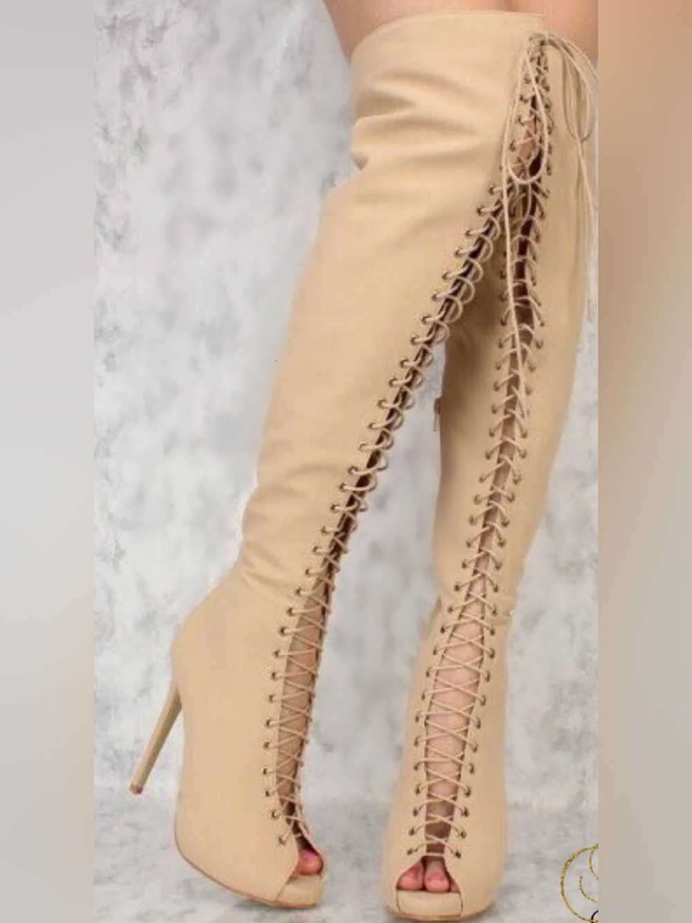 Glaze Beige Lace-Up Over-The-Knee Stiletto Boots
